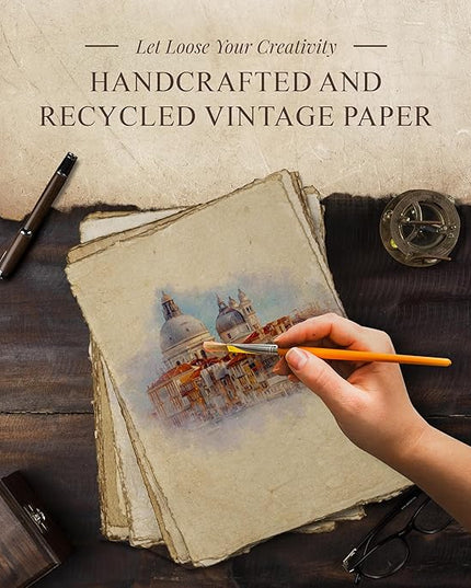 Blank Vintage Handmade Deckled Edge Paper | 75 Sheets of Recycled Cotton Papers, Perfect Sheet for Any Medium, Blank Watercolor Paper Cards, 150 GSM Thick & Acid-Free Antique Paper