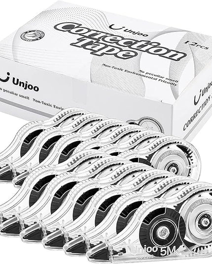 Unjoo White Correction Tape, Easy To Use Applicator for Instant Corrections Wrong Writing At Any Time, For school, Office (12pack, 5M/196" x 0.2", Black)