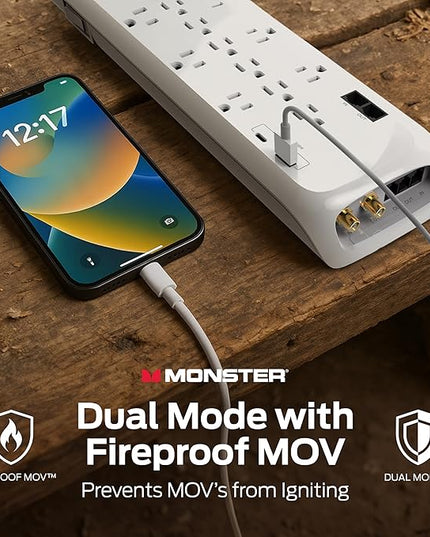 Monster Power Surge Protector w/ 4050 Joule Rating — Heavy Duty 6 FT Surge Protector Power Strip w/ 12 Outlets, 2 USB, 2 Coax, 2 Ethernet Ports — Fireproof MOV, Dual Mode, Clean Tech (White)