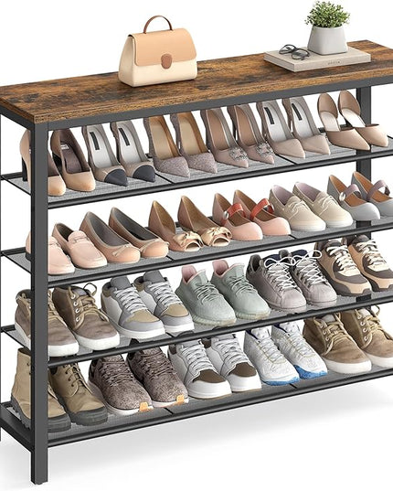 VASAGLE Shoe Rack, 5-Tier Shoe Storage Organizer with 4 Metal Mesh Shelves for 16-20 Pairs and Large Surface for Bags, for Entryway, Hallway, Closet, Industrial, Rustic Brown and Black ULBS15BX