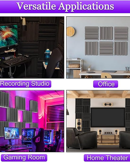 TroyStudio Self-adhesive Acoustic Foam Panels, 12 X 12 X 2 Inches 6 Pcs Broadband Sound Absorbing Foam, Dense Soundproof Padding Tile, Recording Studio Foam Absorber, Groove Decorative Wall Panel