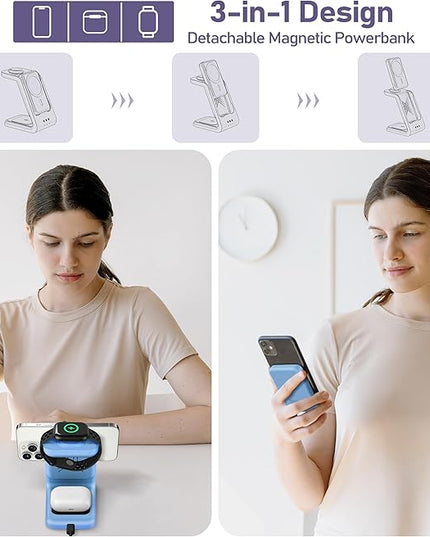 3 in 1 Wireless Charging Station: 5000mAh Removable Power Bank Charger Stand for Phone/Watch/Air Pods - Portable Magnetic Battery Pack for Air 17 16 15 14 13 12 Series Blue