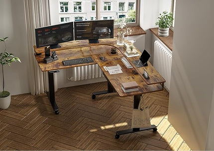 Claiks 63" L Shaped Standing Desk with Drawers and LED Lights, Height Adjustable Electric Corner Standing Desk with Monitor Stand & Power Outlet, 4 Memory Preset, Rustic Brown