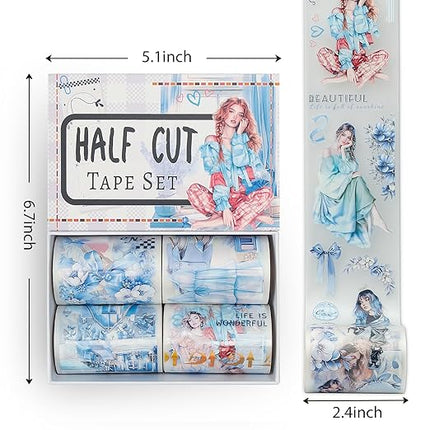 Snycler Pre-Cut Blue Mood Themed PET Washi Tapes - Vintage Aesthetic Tape Stickers for Journaling, Scrapbooking, Junk Journals, Crafts, Planners - 4 Rolls