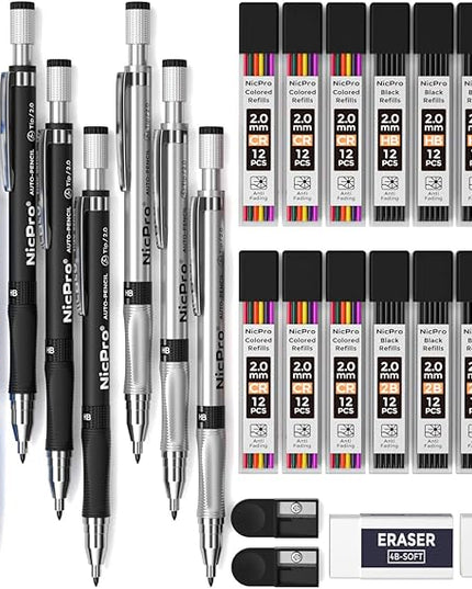 Nicpro 29 Pieces 2mm Mechanical Pencil Set, 9 PCS Drafting Carpenter Pencils 2.0 mm for Art Drawing Sketching construction with 192 Lead Refills Pre-Sharpen HB & 2B & Colors, 2 Erasers, 2 Sharpener