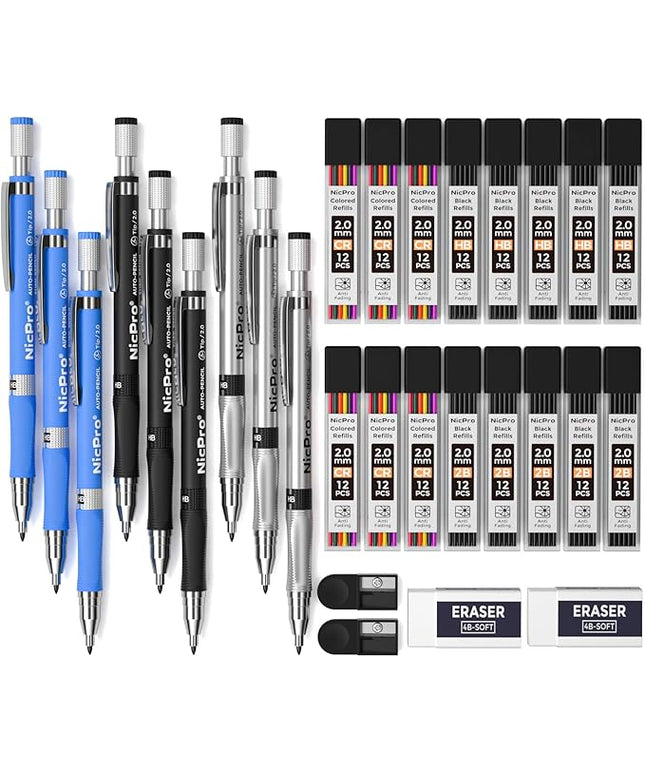Nicpro 29 Pieces 2mm Mechanical Pencil Set, 9 PCS Drafting Carpenter Pencils 2.0 mm for Art Drawing Sketching construction with 192 Lead Refills Pre-Sharpen HB & 2B & Colors, 2 Erasers, 2 Sharpener