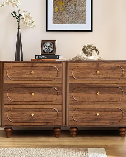 3 Drawer Fluted Dresser for Bedroom, Mid Century Modern Chest of Drawers, Wood Storage Small Dresser Organizer for Bedroom Living Room Hallway Closet, Walnut