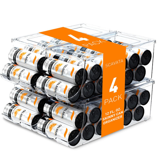 SCAVATA 4 Pack Skinny Can Organizer for Refrigerator, Stackable Tall Skinny Soda Pop Can Holder Dispenser with Lid for Fridge Pantry Rack Freezer, Clear Plastic Storage Bins-Holds 12 Slim Cans Each