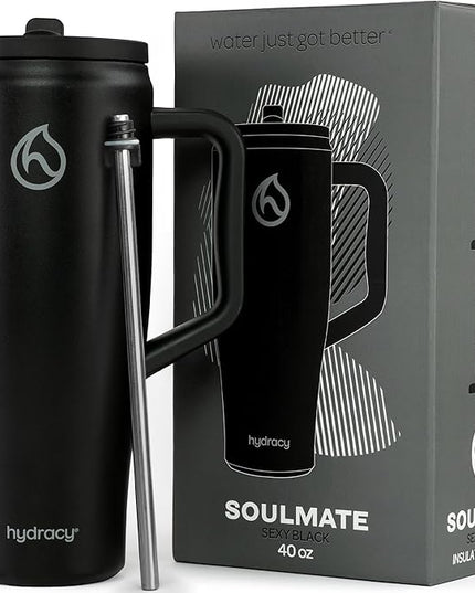 Hydracy 40 oz Tumbler with Handle and Straw, Stainless Steel Insulated Travel Cup with No Spill Rotatable Flip Lid for Left or Right Hand Use, Rubber Base, Fits in Cup Holder - Sexy Black