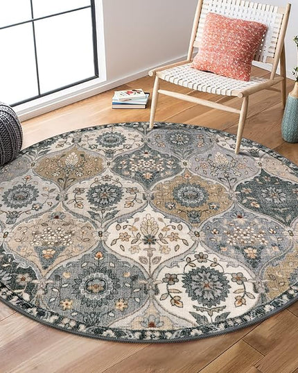 Lahome Moroccan Trellis Round Area Rugs, Washable Small Round Rug 3ft Non-Slip, Soft Vintage Ultra-Thin Circle Carpet for Bedroom Entryway Kitchen Laundry Bathroom, Grey