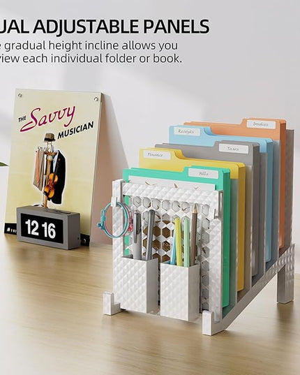 File Organizer for Desk with Storage Box & Hook, Inclined Desk File Organizer with 5-Section Vertical File Holder suitable for Home Office Document Organization (Ice Crystal