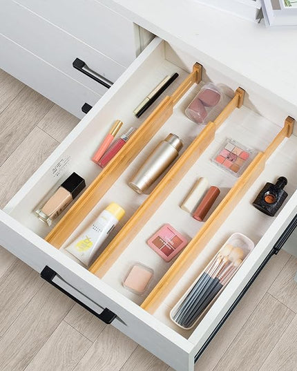VaeFae Adjustable Bamboo Drawer Dividers, Expandable Drawer Organizer for Kitchen, Bedroom, Bathroom, Dresser and Office, 6-Pack