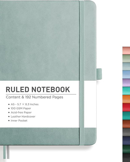 RETTACY Lined Journal Notebook, 192 Numbered Pages, A5 Medium Size (5.7'' x 8.3''), for Men & Women, Journaling, Writing, Work & Office, Leather Hardcover, 100 GSM Thick Paper (Blue-gray)