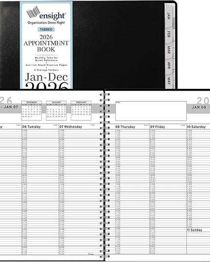 Ensight 2026 Appointment Book and Planner 8.5" x 11" Large Hourly Weekly Daily Schedule Book with Tabs, 15 Minute Time Slots, Black Calendar Organizer Jan 2026–Dec 2026 Appointment Planner - Black