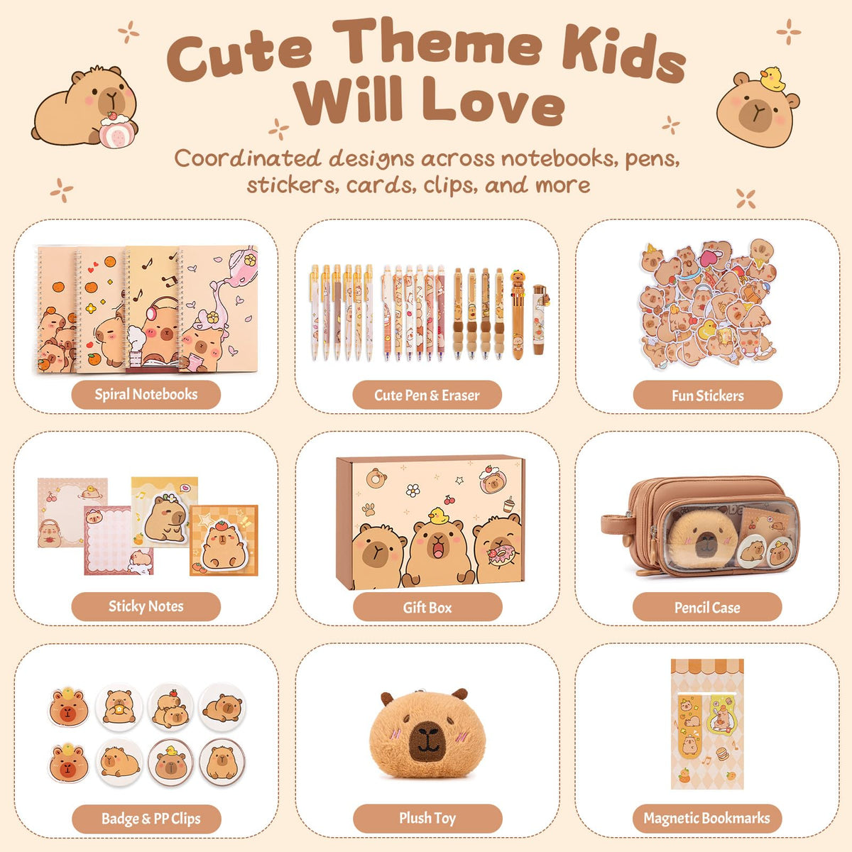 Similove Capybara Stationery Set 92 Pcs, Kawaii Back to School Supply Bundle with Pencil Case, Notebooks, Pens and Stickers, Cute School Supplies for Kids Girls, Kindergarten Elementary Gifts