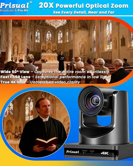 Prisual 4K NDI PTZ Camera, Advanced PTZ Auto Tracking 20X HDMI/USB3.0 PTZ Camera, 1/1.8”4K UHD 30P with Built-in Tally Light for Church Conference Events, PoE, PT20X-4K-N