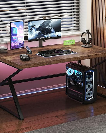 HSH Rustic Computer Desk, Large Executive Writing Study Work Desk for Home Office, Industrial Metal Wooden PC Laptop Long Desk Workstation, Modern Bedroom Living Room Table, Rustic Brown, 60 Inch