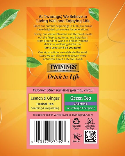 Twinings Raspberry & Lemon Herbal Tea Individually Wrapped Bags, 20 Count (Pack of 1), Unsweetened, Refreshing & Fruity, Naturally Caffeine-Free, Enjoy Hot or Iced, 20 Teabags