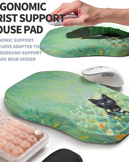 2-in-1 Ergonomic Set, Wave Keyboard Wrist Rest and Massage Slope Mouse Pad Wrist Support, Rebound Memory Foam for Relieve Carpal Tunnel Syndrome and Wrist Pain (Oil Painting Cats)