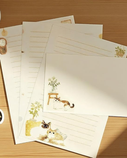 37 Pcs Stationery Paper Envelopes Set Includes 24 Lined Writing Paper & 12 Envelopes with 48 Colorful Round Dot Stickers, Cute Vintage Cat Letter Writing and Stationery Paper Envelopes(4Style)