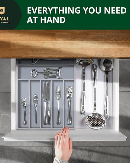 ROYAL CRAFT WOOD Luxury Bamboo Kitchen Drawer Organizer - Silverware Organizer - Utensil Holder and Cutlery Tray with Grooved Drawer Dividers for Flatware and Kitchen Utensils (7 Slot, Gray)