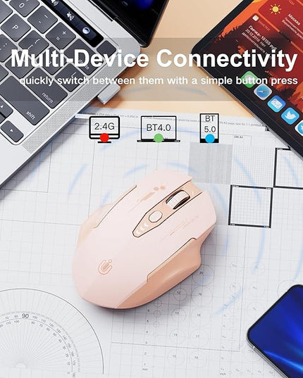 Wireless Bluetooth Mouse,[Upgraded] Rechargeable Computer Mice (BT 5.0/4.0+2.4G Hz) with Visible Battery Level, 4 Adiustable DPl, Portable PC Mouse for MacBook Chromebook,Pink