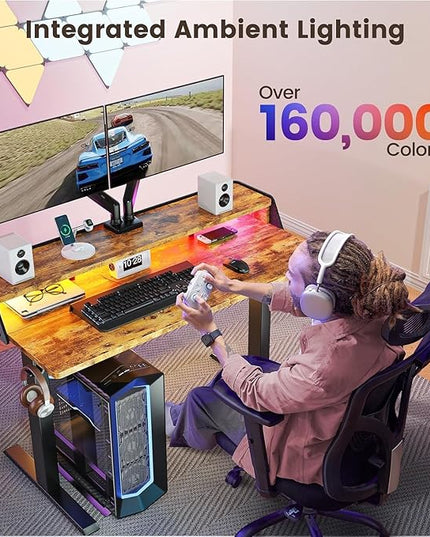 ErGear Standing Desk with LED Strip, 48″ x 24″ Electric Height Adjustable RGB Gaming Table with Shelf, Sit Stand Desk with Dual Cable Holes, C-Clamp Mount Compatible, 4 Preset Heights, Vintage Brown