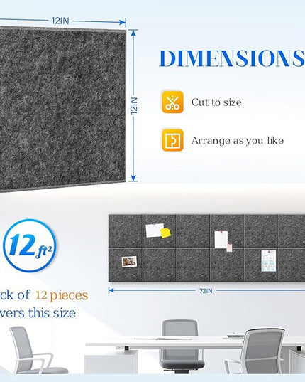 DOLLAR BOSS Large Cork Board for Wall 48" x 36" x 0.5" Bulletin Board 12 Packs Corkboard Tiles Self Adhesive Felt Wall Tiles for Office Home School, Dark Grey