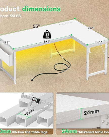 L Shaped Desk with 0.95 Inch Thicker Desktop & Storage Bag, Computer Desk with Power Outlets & Lights, Reversible Gaming Desk for Home Office, Corner Desk, Study Room, Living, Bedroom, White