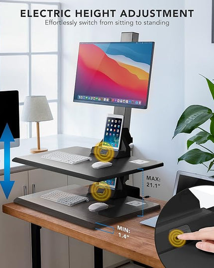 Mount-It! Electric Standing Desk Converter - Motorized Sit-Stand Desk Riser with Monitor Mount, Standup Powered Desktop Lift for Single Monitor up to 32", 28" Wide Keyboard Tray, Adjustable Height
