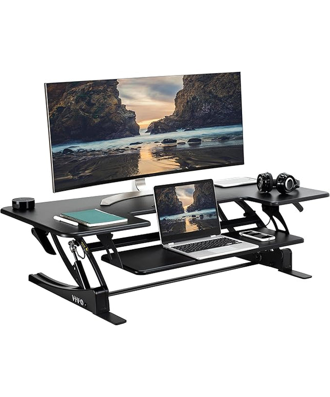VIVO 48 inch Height Adjustable Large Stand Up Desk Converter, V Series, Quick Sit to Stand Tabletop Dual Monitor Riser Workstation, Black, DESK-V048V