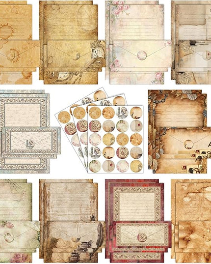TaoBary 160 Pcs Stationery Paper Set 50 Double Sided Stationery Papers with 50 Matching Envelopes and 60 Round Dot Sticker, 10 Design(Lace Edged Scrapbook,8.5 x 11 Inch)