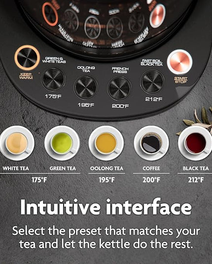 Vianté Electric Kettle With Infuser For Loose Leaf. Hot Tea Maker With Temperature Control And Automatic Shut Off. Tea Kettle With Brewing Programs. 1.5 Liters Capacity | Black Color