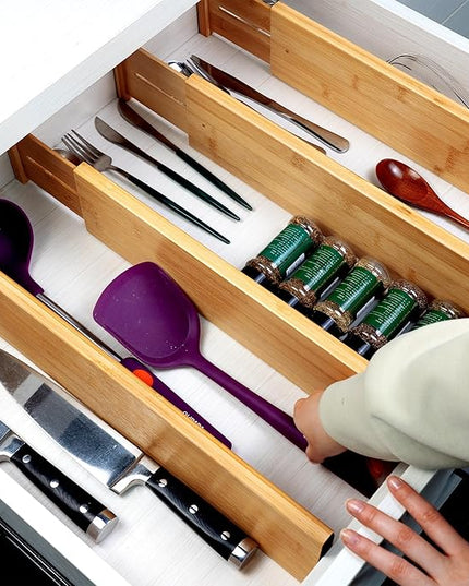 Utoplike Bamboo Drawer Dividers Large, 4'' High Adjustable Kitchen Drawer Organizers for Clothing, Spring Loaded, Works in Bathroom, Bedroom, Dresser, Desk, 4 pcs