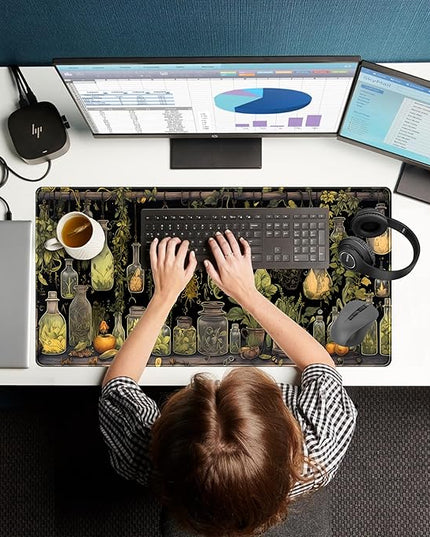 Desk Mat Green Plants Mouse Pad Gaming Mat Dark Keyboard Mat, Long Mouse Mat XXL Extended Desktop Mat Magical Bottles Computer Mats with Stitched Edges, Office Desk Accessory 31.5" x 15.7"
