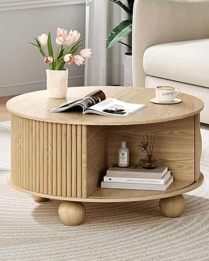 JOINICE Round Coffee Table with Storage, 31.5" Natural Oak Fluted Drum Center Table, Scandi Japandi Wood Circle Table with Sliding Door & Bun Feet for Living Room
