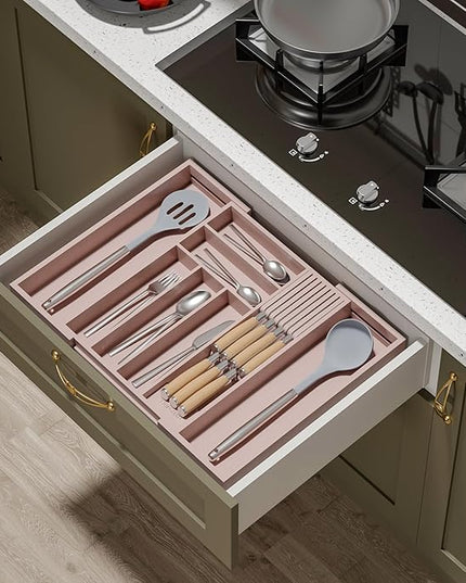 Bamboo-Silverware-Drawer-Organizer-Kitchen, Expandable Utensil Holder Cutlery Tray Flatware Organization Adjustable Wood Tableware Dividers Storage (with Removable Knife Block)(Grey Pink)