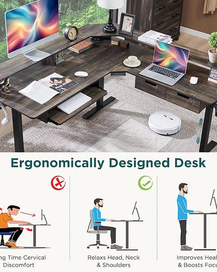 RedLemon 60 Inches L Shaped Electric Standing Desk,Height Adjustable Corner Gaming Desk with Drawers, Keyboard Tray, Power Outlets & LED Lights, Computer Desk with Monitor Shelf, Dark Rustic Oak