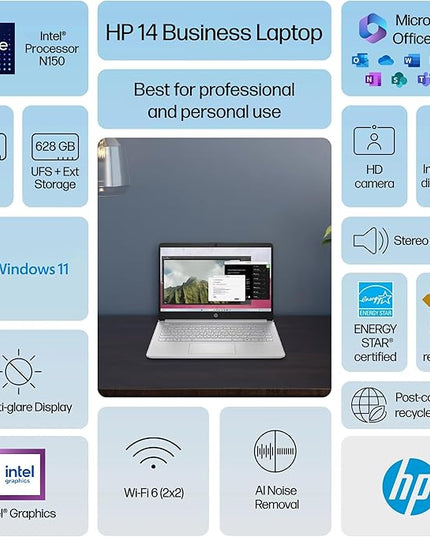 HP 14 Laptop Student Business 2025 Flagship Computer, AI Copilot, 4-Core 13th Gen Intel CPU, 16GB RAM 628GB Storage (128GB UFS+500GB Ext), 1-Yr Office 365, Long Battery HubxcelAccessory Win 11S Silver