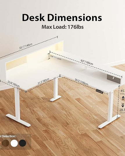 Agilestic L-Shaped Electric Standing Desk, 63x55 Inch Ergonomic Adjustable Height Desk with Storage, Stand Up Corner Desk Sit Stand Computer Table Power Outlet & LED Lights, Office Table, White