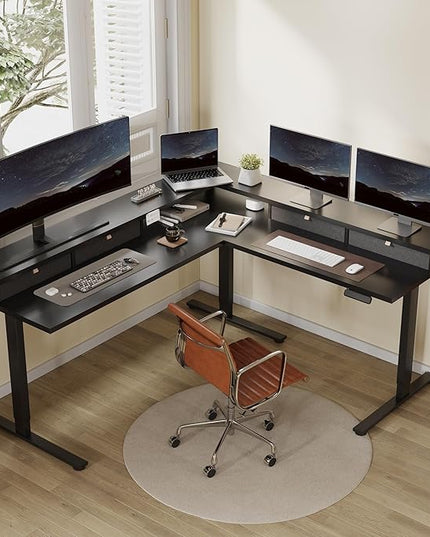 FLEXISPOT 71" Large L Shaped Standing Desk Electric Corner Table with Shelf, 4 Storage Drawers, Adjustable Computer Workstation for Home, Office, Game, Studio, Black Top + Black Frame