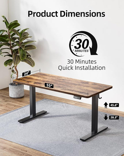Standing Desk 55 x 24 inch, Electric Height Adjustable with Splice Board, Stand Up Desk, Sit Stand Desk Computer Desk for Home Office, Black Frame/Rustic Brown Top
