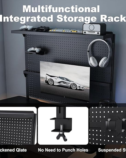 KEIKI Clamp-On Desk Pegboard with Single Monitor Stand, 43" x 35" Steel Peg Board Office Organizer with Hooks, Movable Panel & Shelf for Office Supplies, Gaming Setup & Desk Organization, Black
