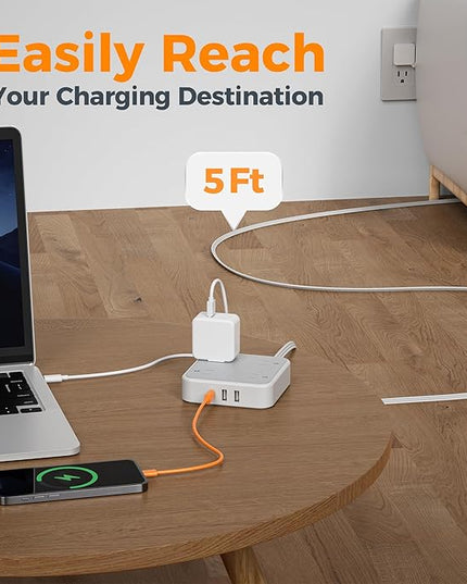 TESSAN Surge Protector Flat Extension Cord 5Ft, Flat Plug Power Strip with 4 Outlets 3 USB Ports (1 USB C), 900 Joules Protection, Multiple Wall Outlet Extender Suitable for Home Office Dorm, Grey