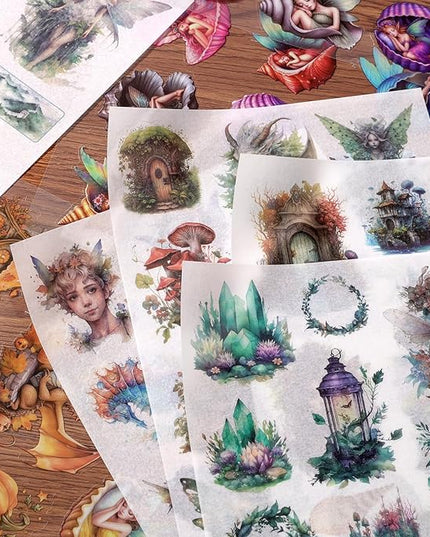 Auguro Scrapbook Fantasy Stickers 20 Sheets 240 Pre-Cut Washi Stickers for Journaling PET Transparent Fairy Sticker Decorative or DIY Paper Crafts, Arts and Crafting Projects