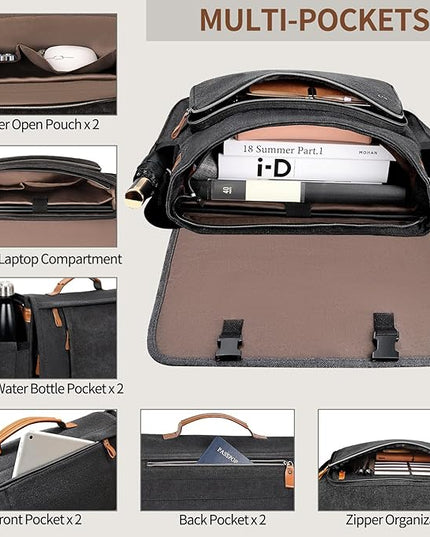 ESTARER Men's Messenger Bag 17.3 Inch Upgraded, Water-resistant Canvas Laptop Bag, Computer Shoulder Bag for College Travel Work, Dark Grey