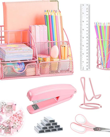 Pink Desk Organizers and Accessories Office Supplies Set Stapler, Pen Holder, Phone Holder, Scissors, Pen, Ruler, 30 Paper Clips, 22 Binder Clip, 20 Tacks and 1000pcs Staples