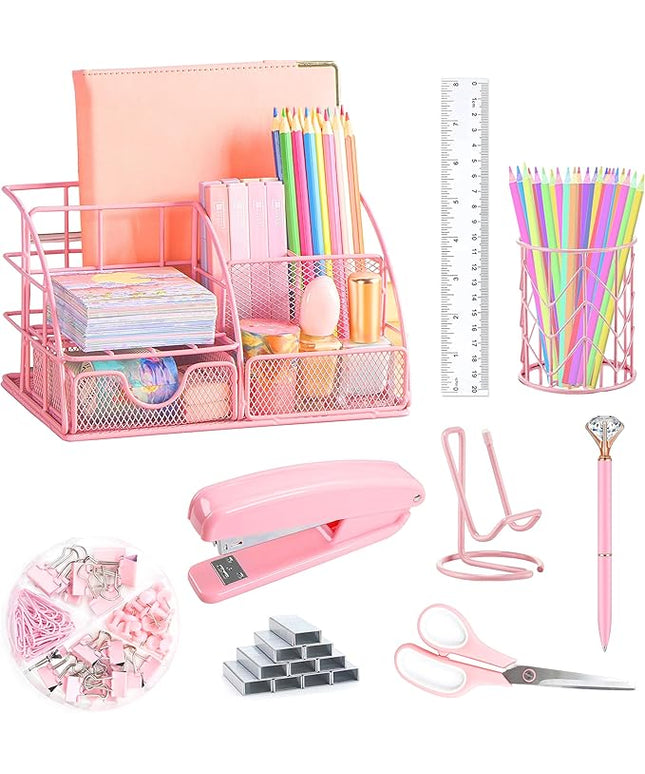 Pink Desk Organizers and Accessories Office Supplies Set Stapler, Pen Holder, Phone Holder, Scissors, Pen, Ruler, 30 Paper Clips, 22 Binder Clip, 20 Tacks and 1000pcs Staples