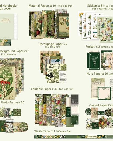 Scrapbooking Supplies Kit, Vintage Botanical Aesthetic Scrapbook Kit for Bullet Junk Journal, Stationery, A6 Grid Notebook, Flower DIY Journaling Supplies, Birthday Craft Gift for Teen Girl Women