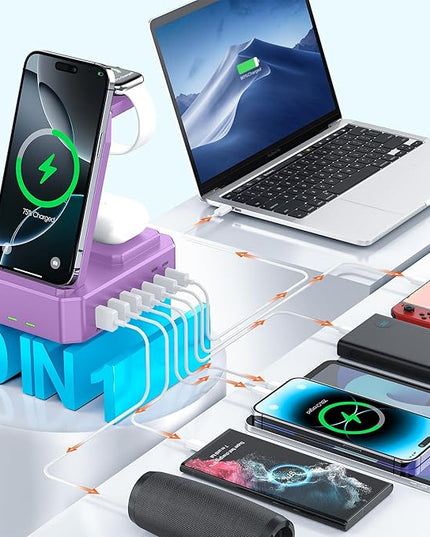 300W Charging Station for Multiple Devices Apple, Zutspzss 10 in 1 Wireless Charger for iPhone 16, GaN III USB C 65W PD Fast Charging Stand Dock for MacBook, Apple Watch&Airpods,Purple